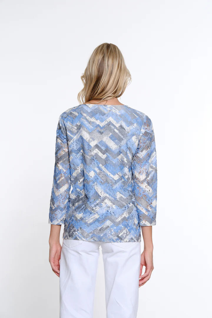 3/4 SLEEVE SCOOP NECK LINED TOP - BLUE/GREY LACE FLORAL