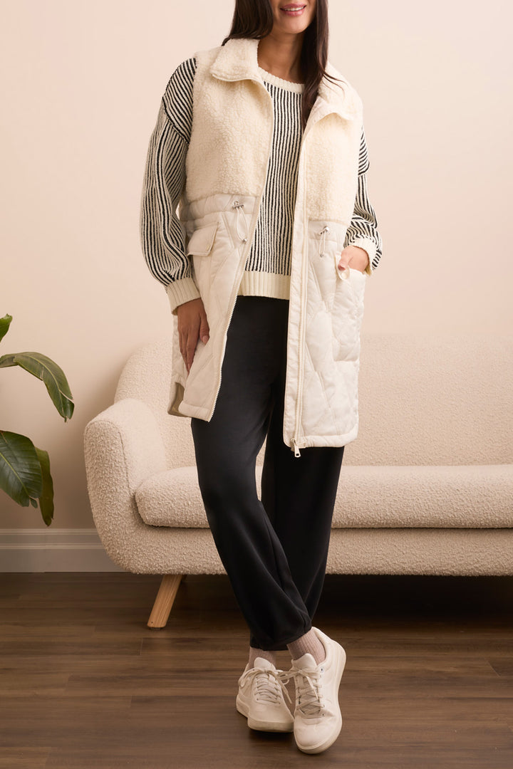 SLEEVELESS MIX MEDIA SHERPA VEST - CREAM