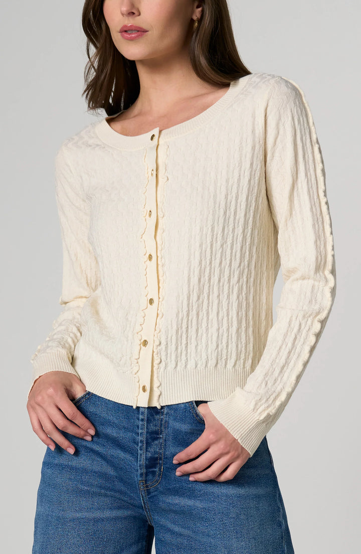 PETITE L/S BUTTON FRONT CARDIGAN W/RUFFLES - CREAM