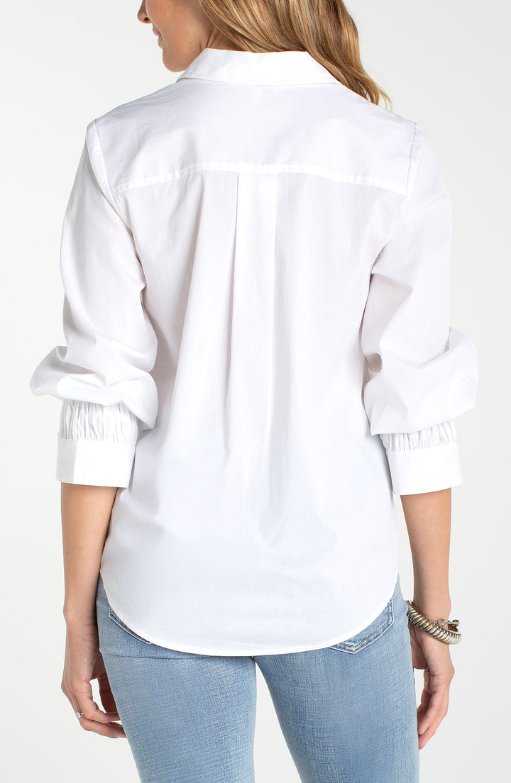 ADJUSTABLE SLEEVE BUTTON FRONT WOVEN TOP - WHITE