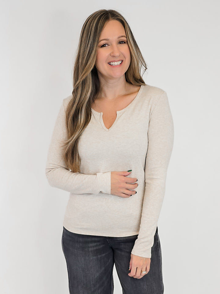 ULTRA SOFT NOTCHED NECK LONG SLEEVE TEE - OATMEAL