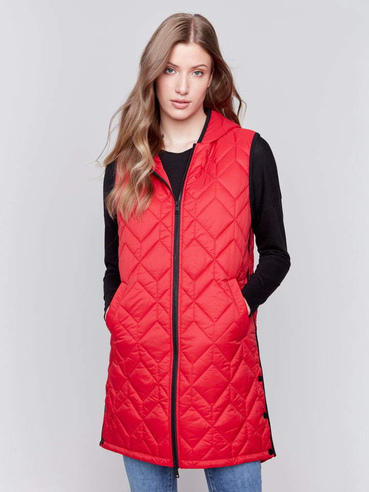 LONG QUILTED HOODED PUFFER VEST - CRANBERRY