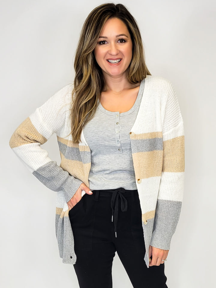 Color Block Sweater Cardigan - Taupe Ivory