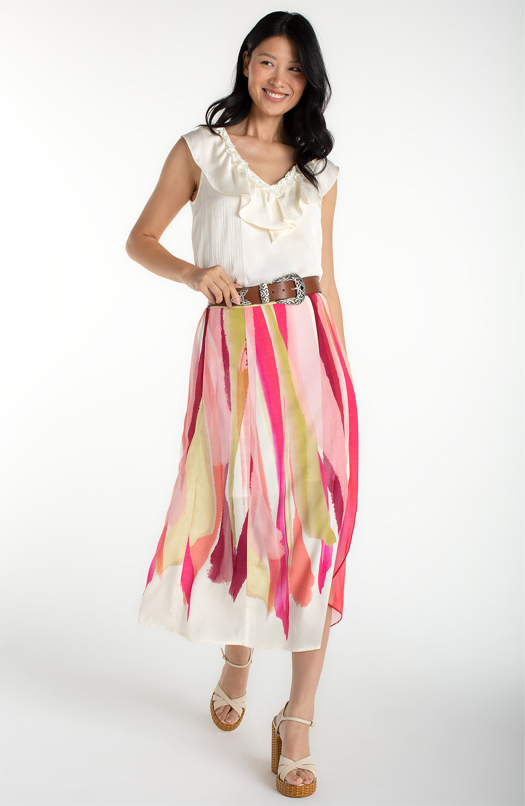 PULL ON WOVEN MAXI SKIRT - PINK MULTI