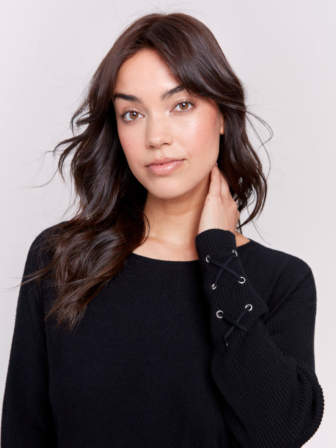 LACE-UP DETAIL SWEATER W/POCKETS - BLACK