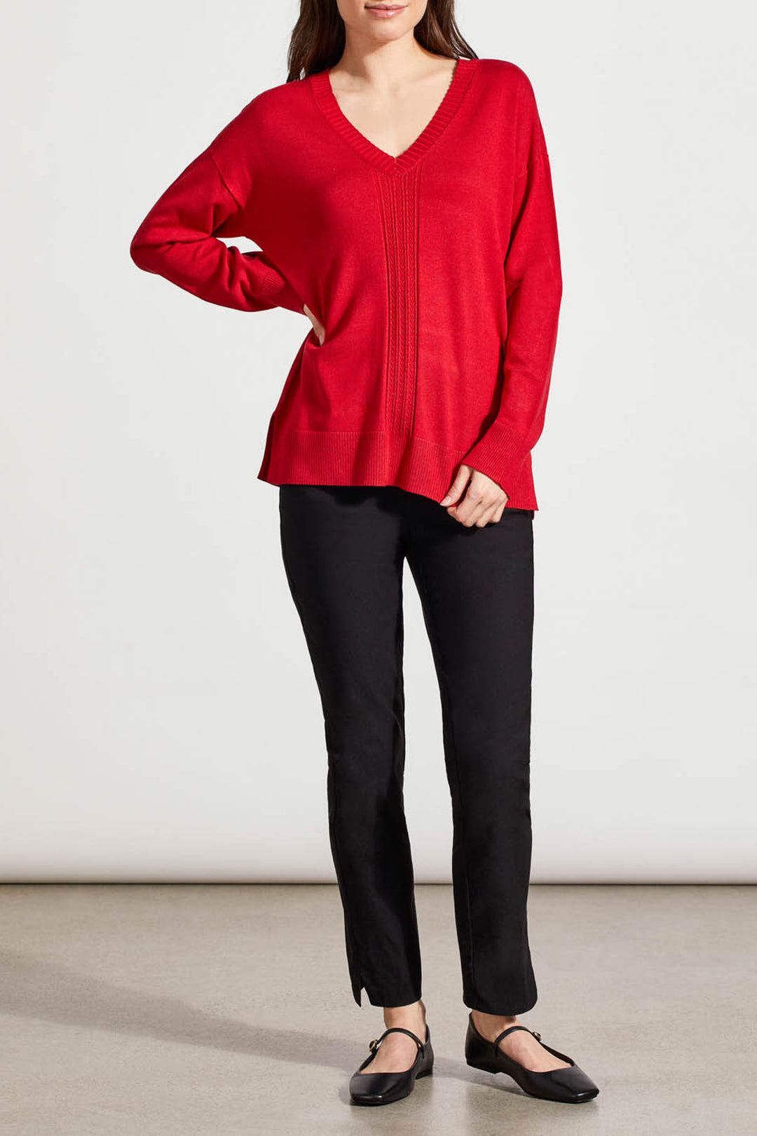 LONG SLEEVE V-NECK SWEATER W/CABLES - SCARLET