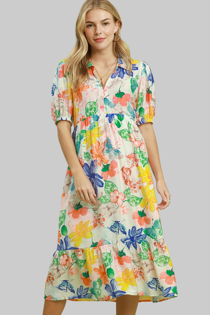ABSTRACT PRINT COLLARED MIDI DRESS - GREEN MIX