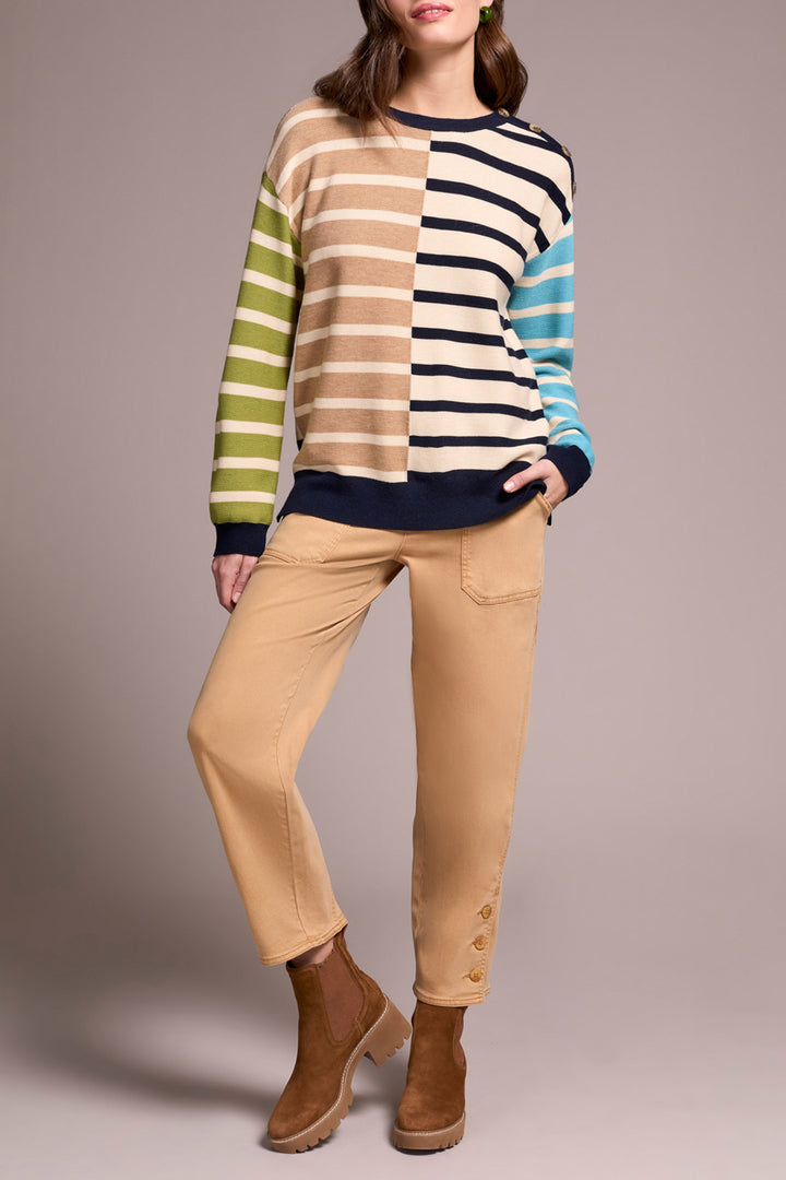LONG SLEEVE CREW NECK SWEATER W/BUTTON DETAIL - ICE LATTE