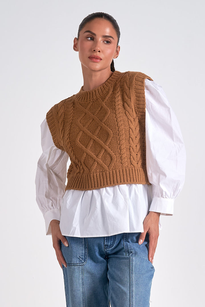 CABLE KNIT SWEATER VEST AND SHIRT - DARK TAN