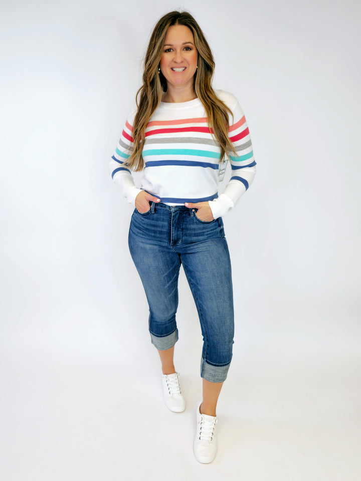 LONG SLEEVE MULTI STRIPED SWEATER - CORAL/JADE