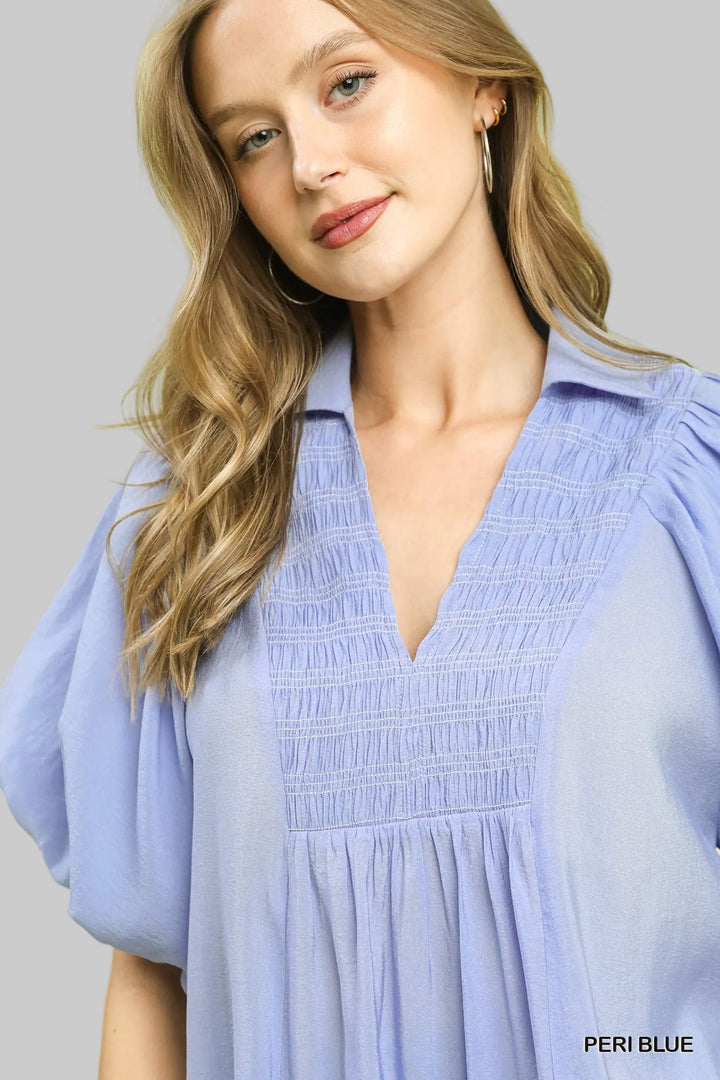 PUFF SLEEVE SMOCKED V-NECK TOP - PERI BLUE