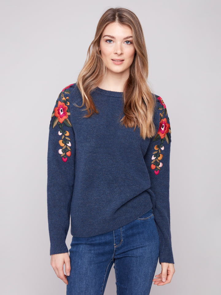 EMBROIDERED RAGLAN SLEEVES SWEATER - DENIM