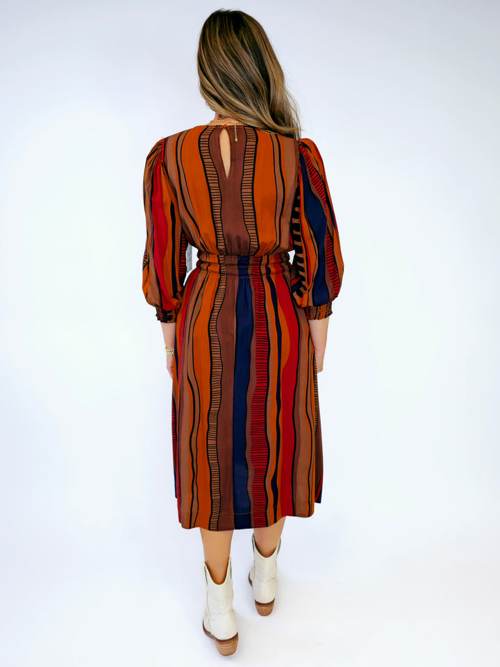 ABSTRACT PRINT SMOCKED WAIST MIDI DRESS - BROWN MIX