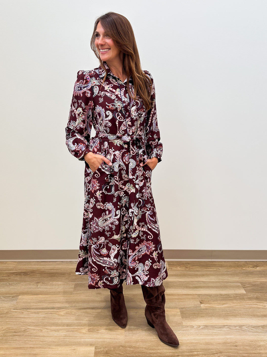 L/S PAISLEY BUTTON DOWN BELTED MIDI DRESS - MERLOT