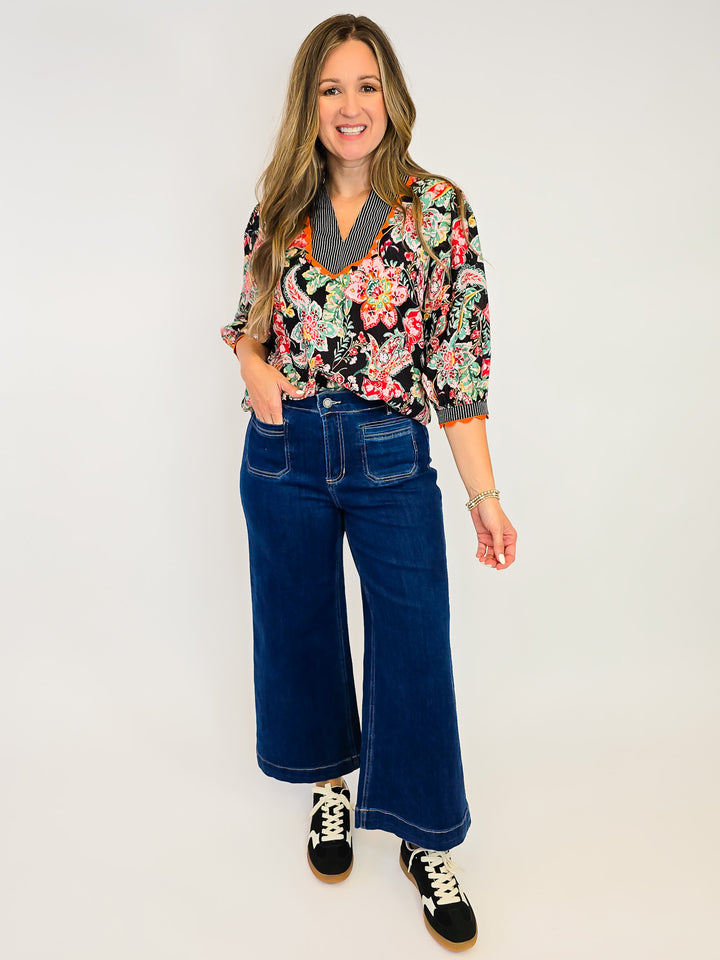 WAVY TRIM DETAILED FLORAL STRIPE MIXED TOP - BLACK