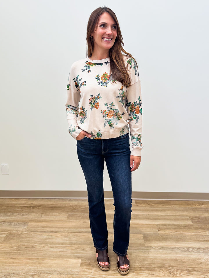 LONG SLEEVE CREW NECK FLORAL PRINT SWEATER - BEIGE