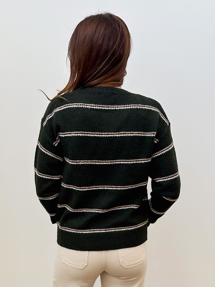 L/S STRIPED CREW NECK SWEATER - DARK OLIVE