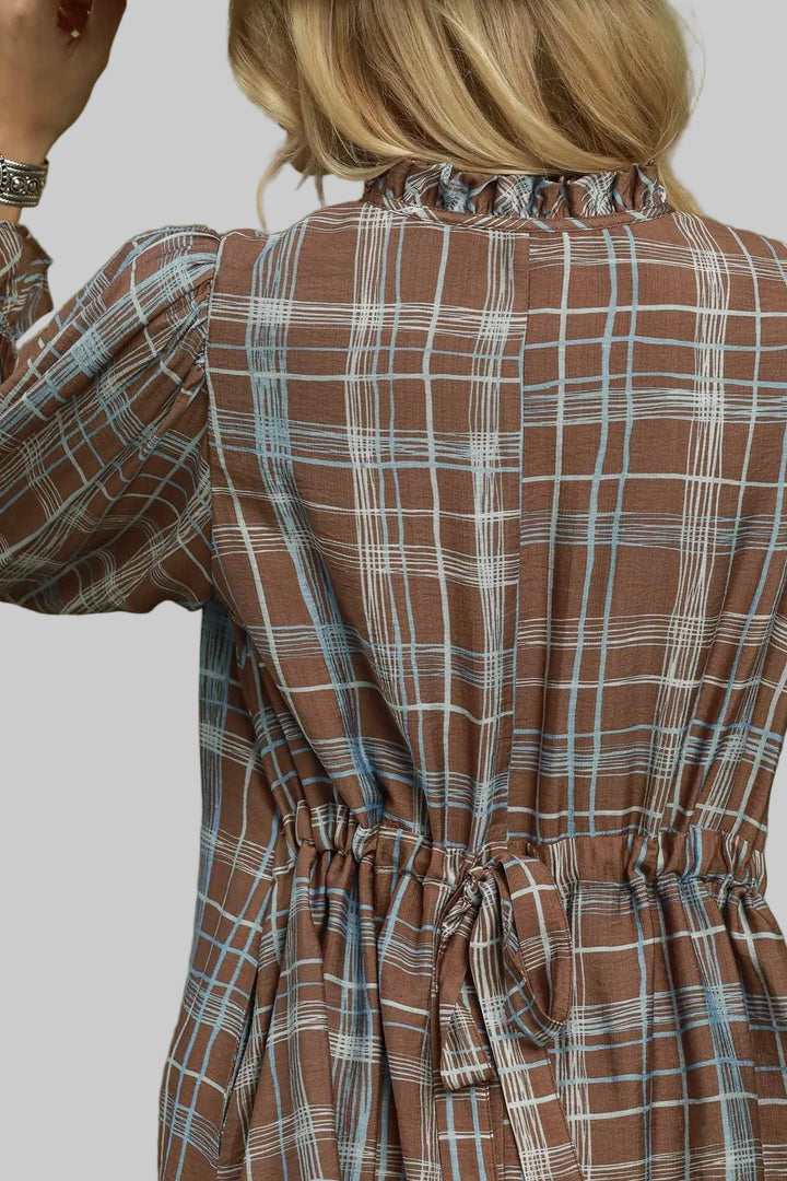 BALLOON SLEEVE PLAID RUFFLE NECK SHORT DRESS - BROWN