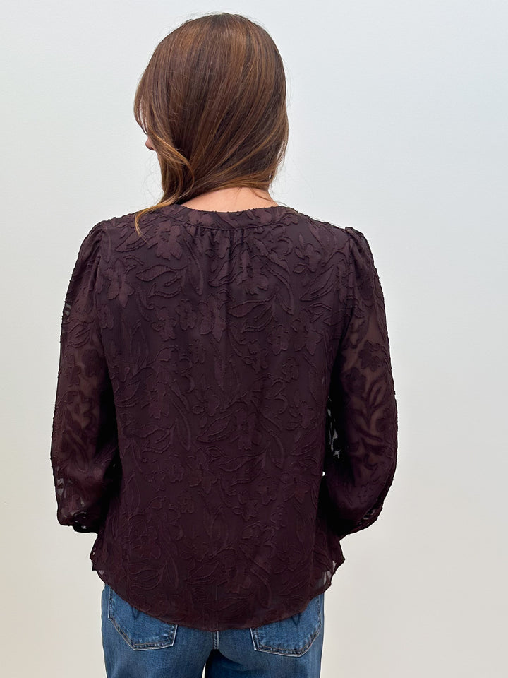 L/S FLORAL JACQUARD BLOUSE - BROWN