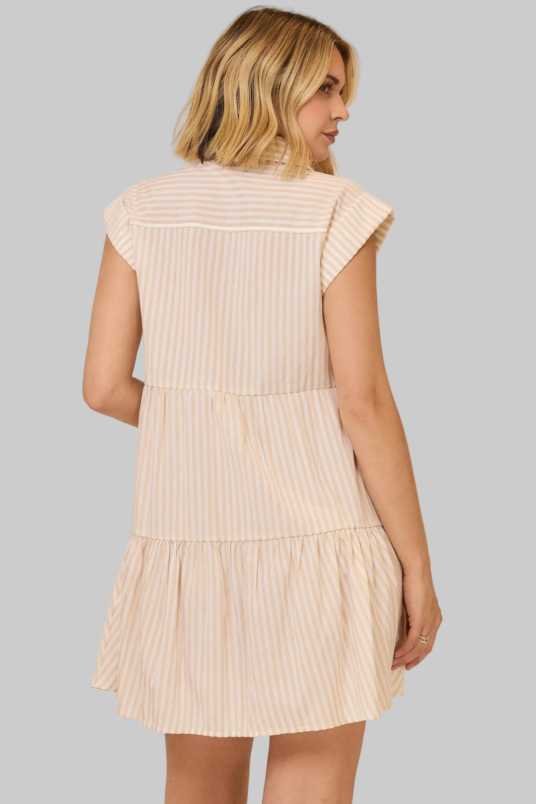 STRIPED CAP SLEEVE TIERED SHORT DRESS - TAN