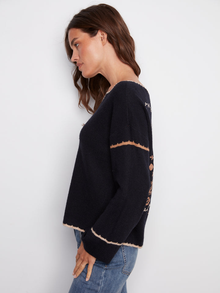 NOTCHED NECK RIB EMBROIDERED SWEATER - NAVY