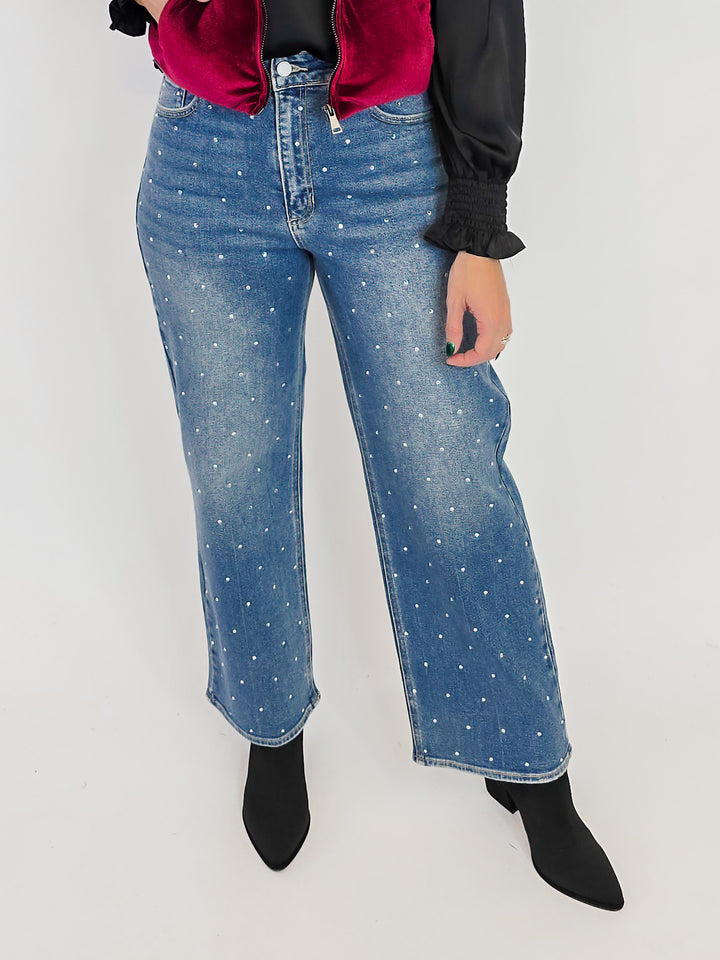 JBD HIGH RISE VINTAGE STRAIGHT JEANS - RHINESTONE - 29" INSEAM