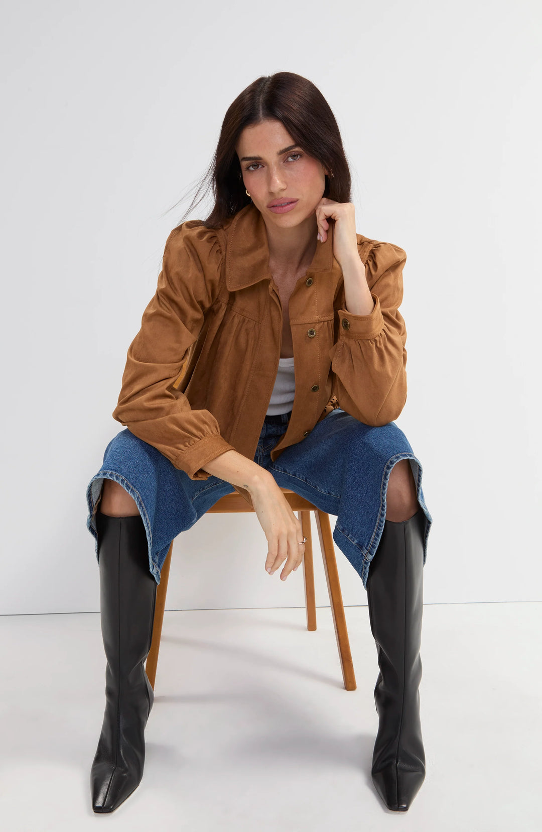 PUFF SLEEVE JACKET W/LASER CUT HEM - CARAMEL