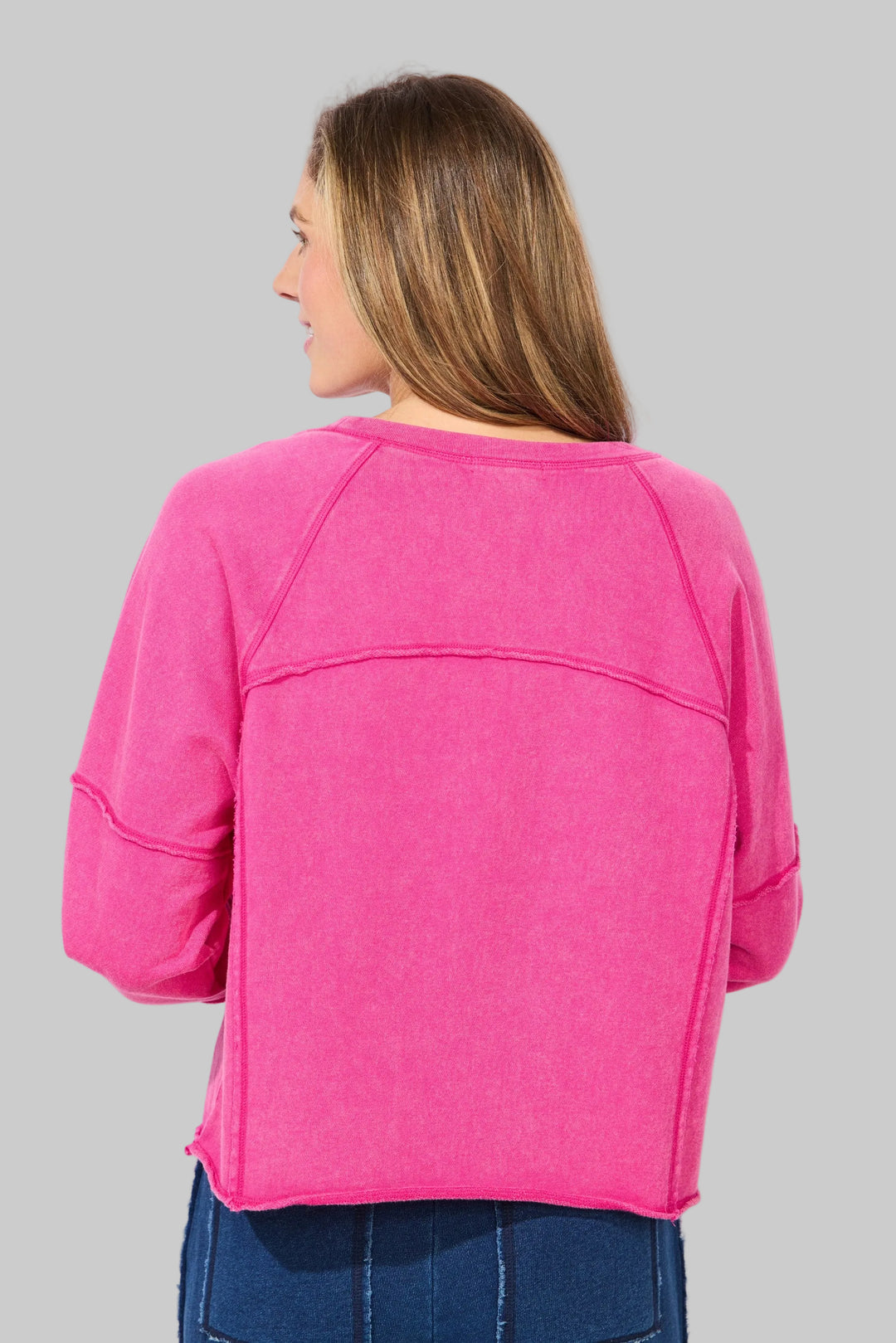 RAGLAN LONG SLEEVE COLOR WASHED TERRY TOP - FUCHSIA