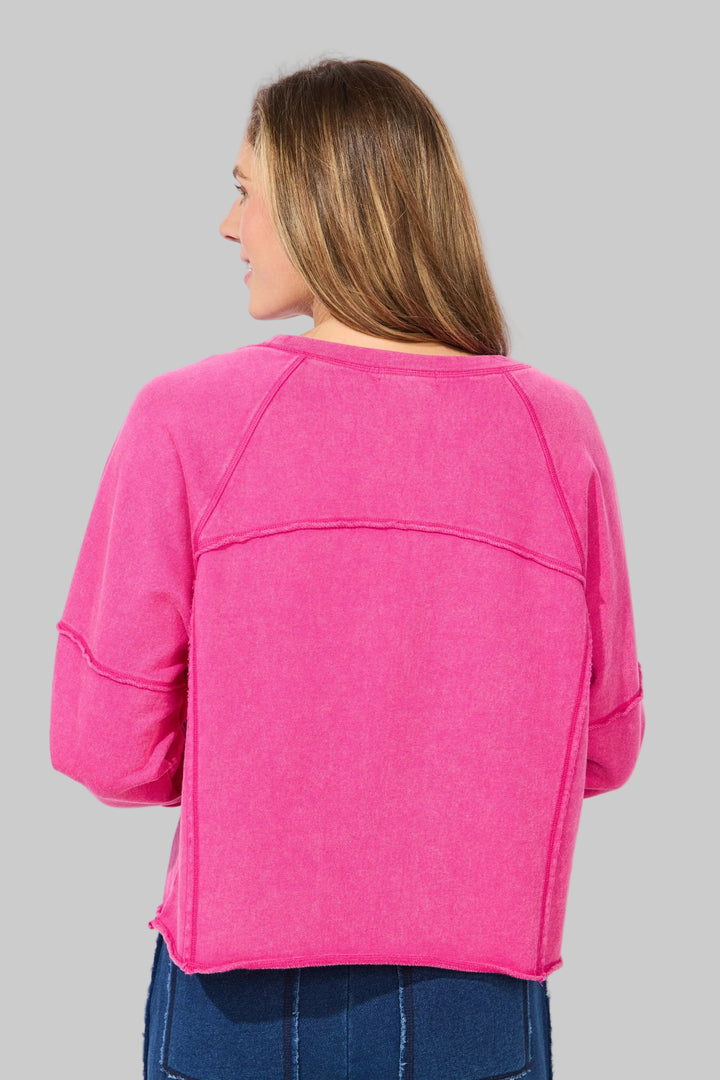 RAGLAN LONG SLEEVE COLOR WASHED TERRY TOP - FUCHSIA