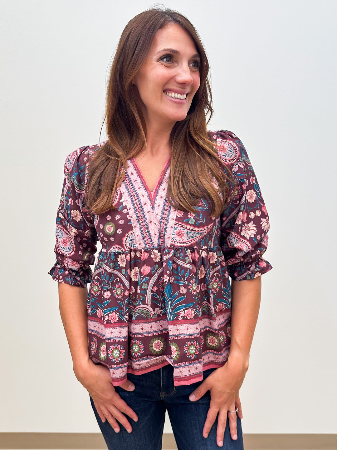3/4 PUFF SLEEVE BORDER PRINT PEPLUM BLOUSE - EGGPLANT