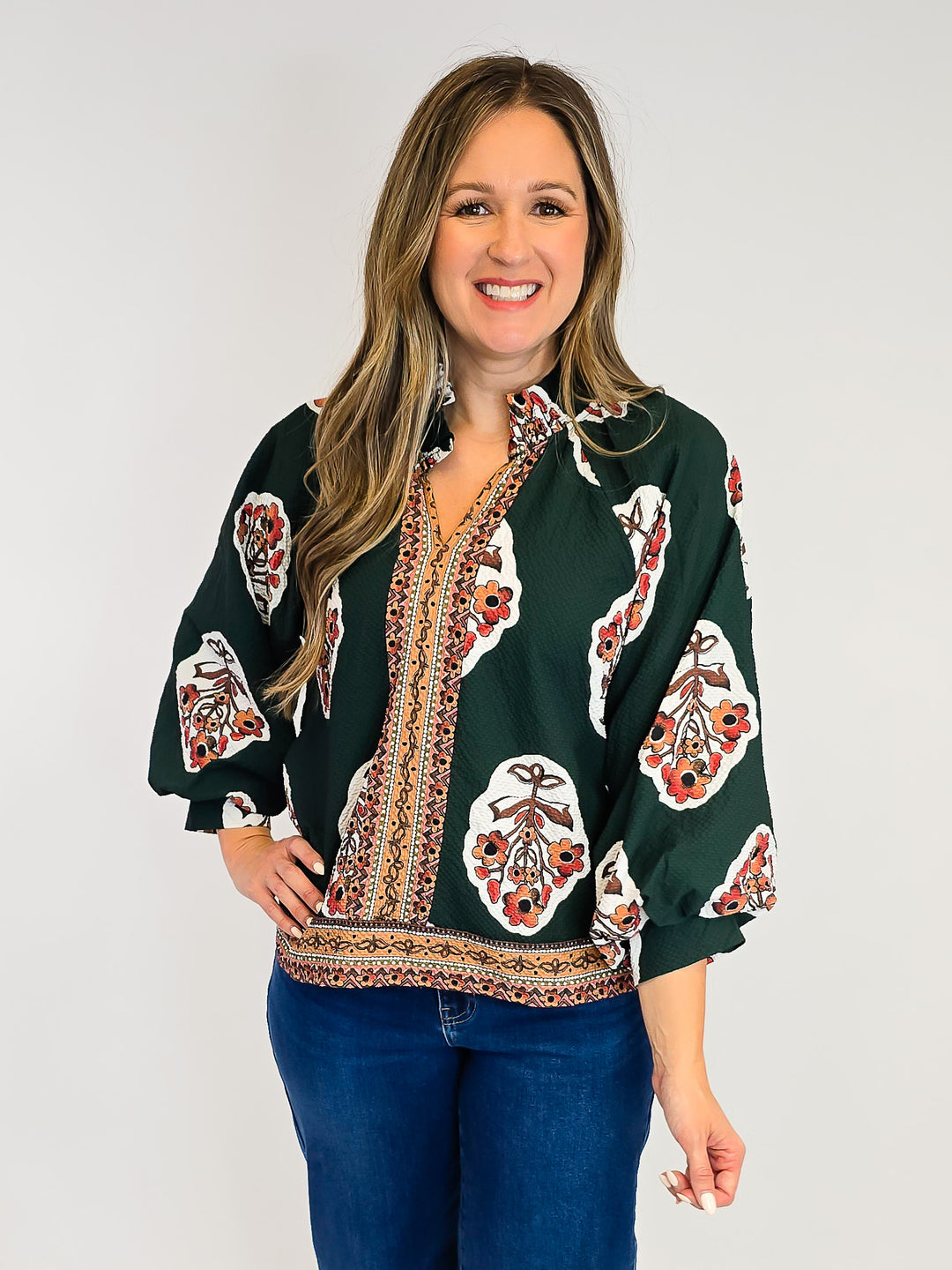 BOHO FLORAL PRINT TUNIC TOP W/BORDER PRINT - FOREST GREEN
