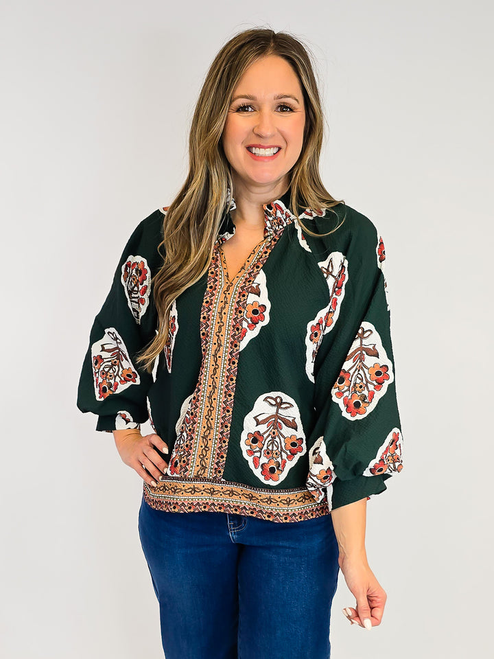 BOHO FLORAL PRINT TUNIC TOP W/BORDER PRINT - FOREST GREEN