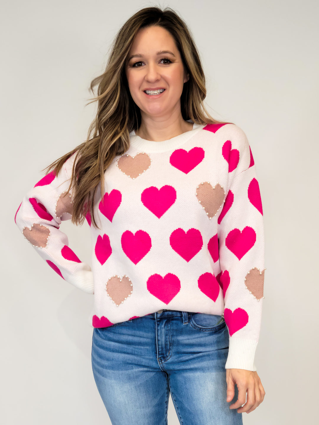 LONG SLEEVE HEART PATTERN SWEATER TOP W/PEARL ACCENT - OFF WHITE/PINK