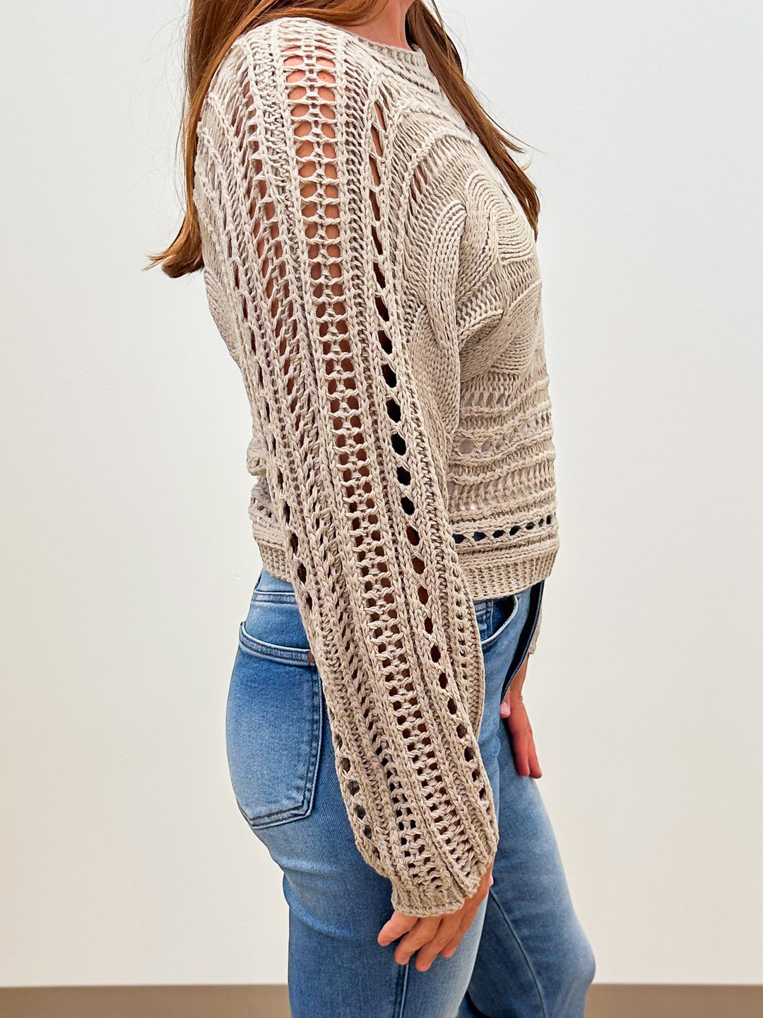 CROCHETED OPEN KNIT PULLOVER SWEATER - KHAKI