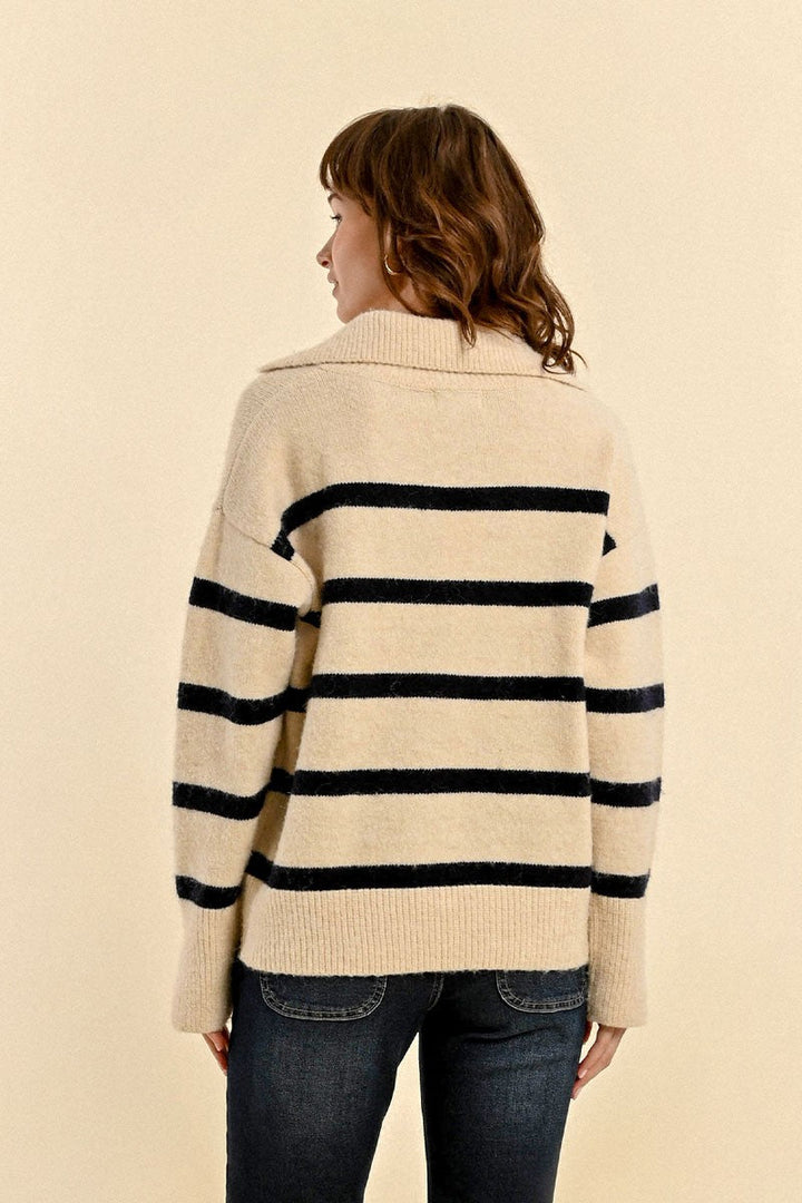 COLLARED STRIPED SWEATER - OFF WHITE/NAVY