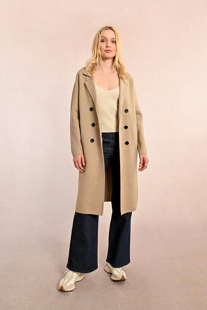 LONG KNITTED COAT W/BUTTONS - BEIGE