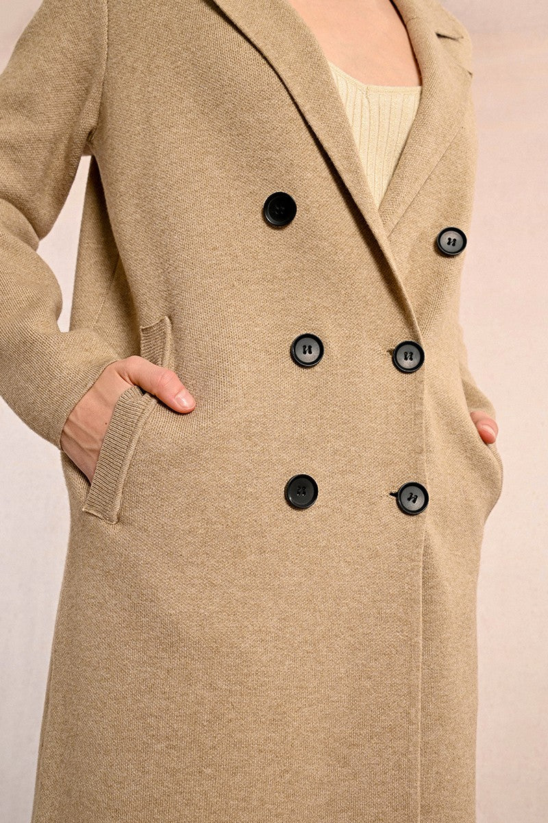 LONG KNITTED COAT W/BUTTONS - BEIGE