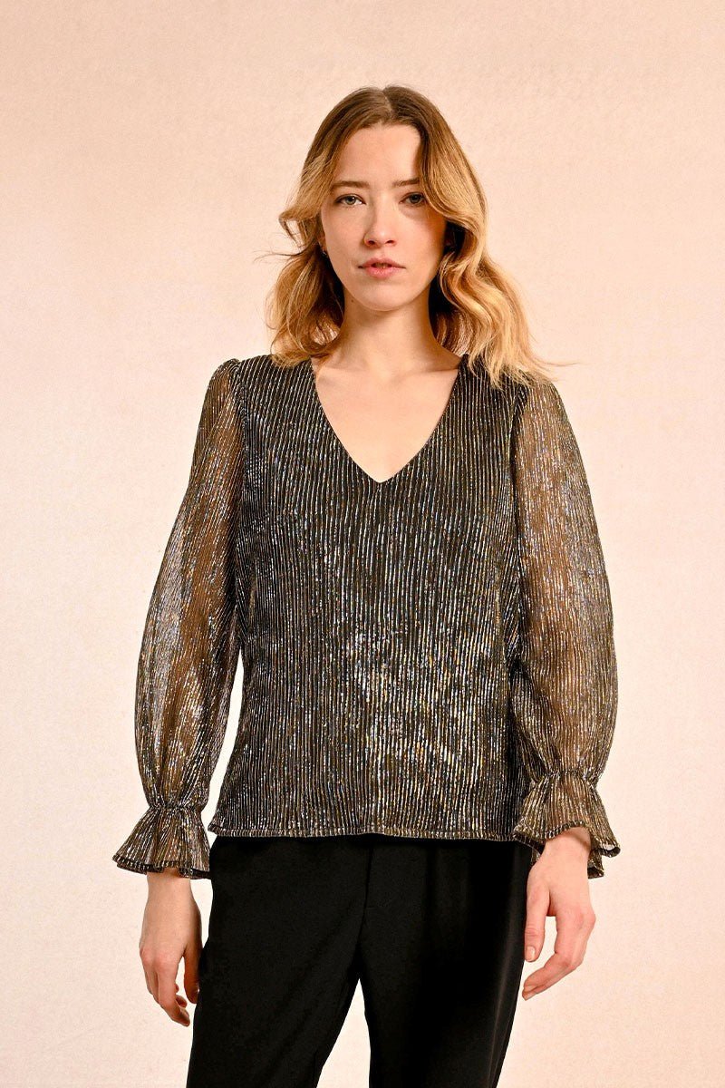 SHEER LONG SLEEVE VNECK BLOUSE - GOLD