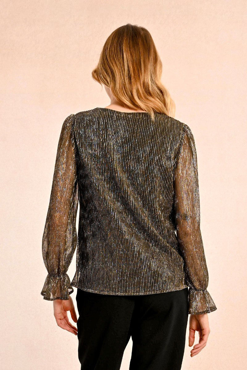 SHEER LONG SLEEVE VNECK BLOUSE - GOLD