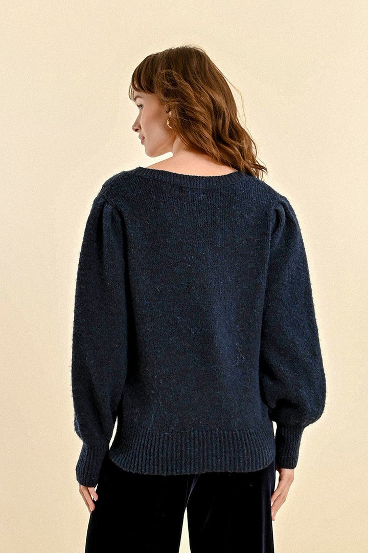 LONG SLEEVE ROUND NECK KNIT SWEATER - NAVY BLUE