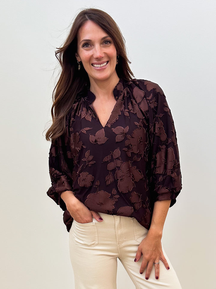 3/4 SLEEVE COLLARED VELVET BLOUSE - BROWN