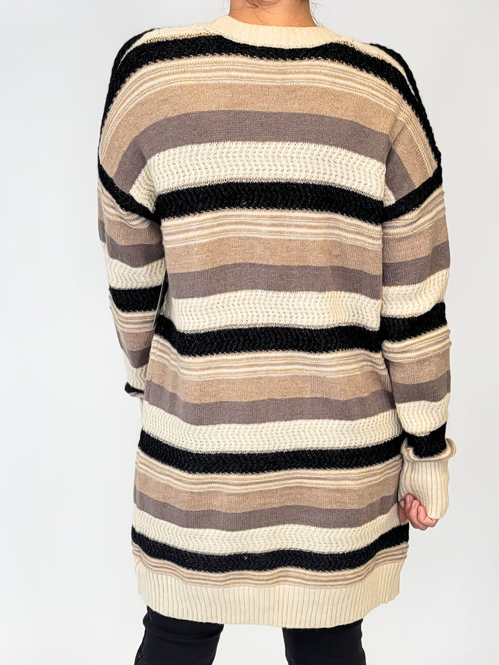 MULTI COLOR STRIPED LONG OPEN CARDIGAN - MOCHA MULTI