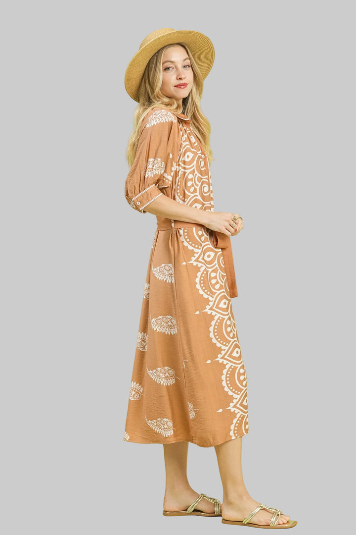 TWO TONE PAISLEY BORDER PRINT MIDI DRESS - LATTE