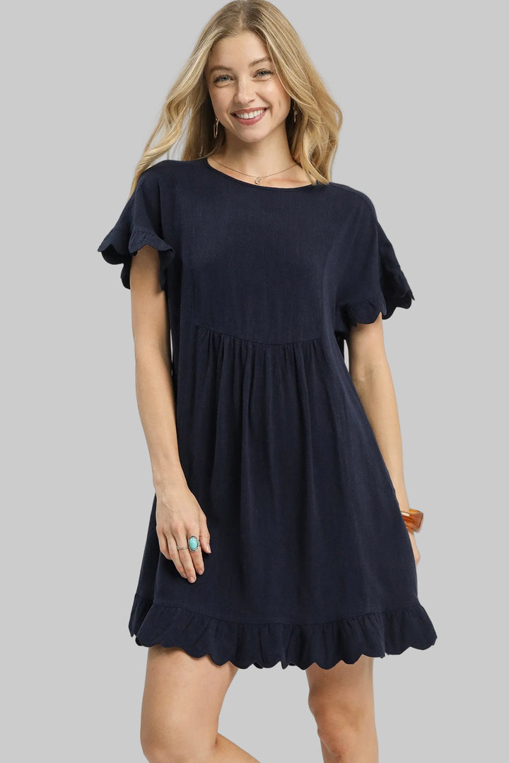 LINEN BLEND POCKET DRESS W/SCALLOPED EDGE - MIDNIGHT
