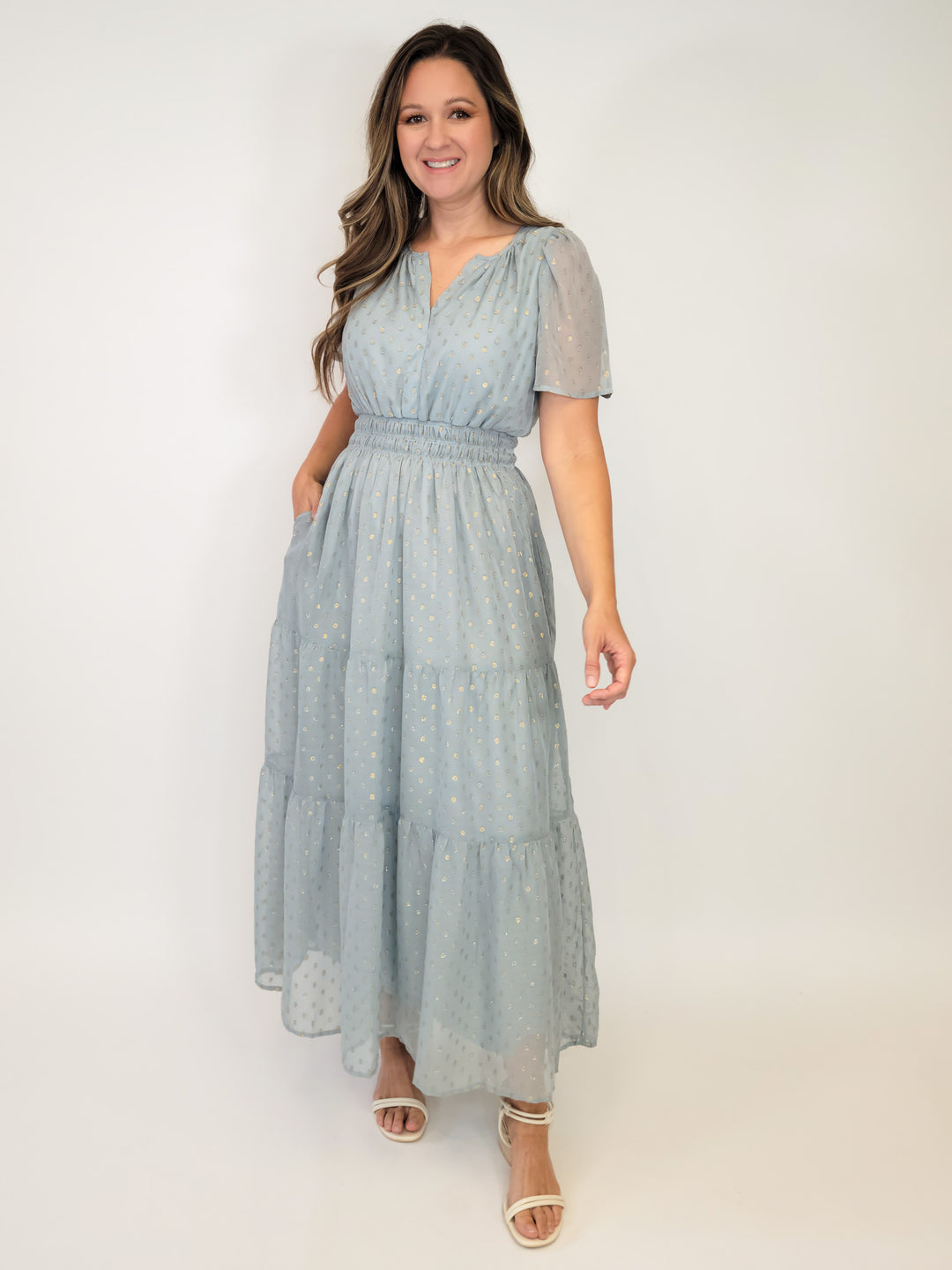 METALLIC DOT TIERED MIDI DRESS - BLUE