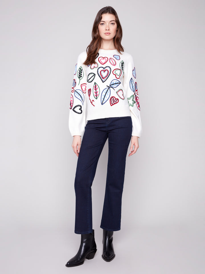 EMBROIDERED CREW NECK SWEATER W/PUFF SLEEVES - ECRU