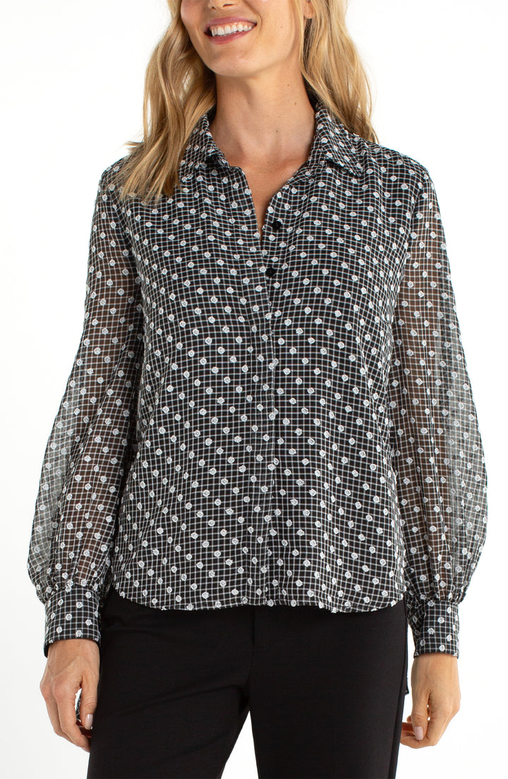 LONG SLEEVE COLLARED WOVEN BLOUSE W/SLEEVE TIE - BLACK/WHITE PLAID