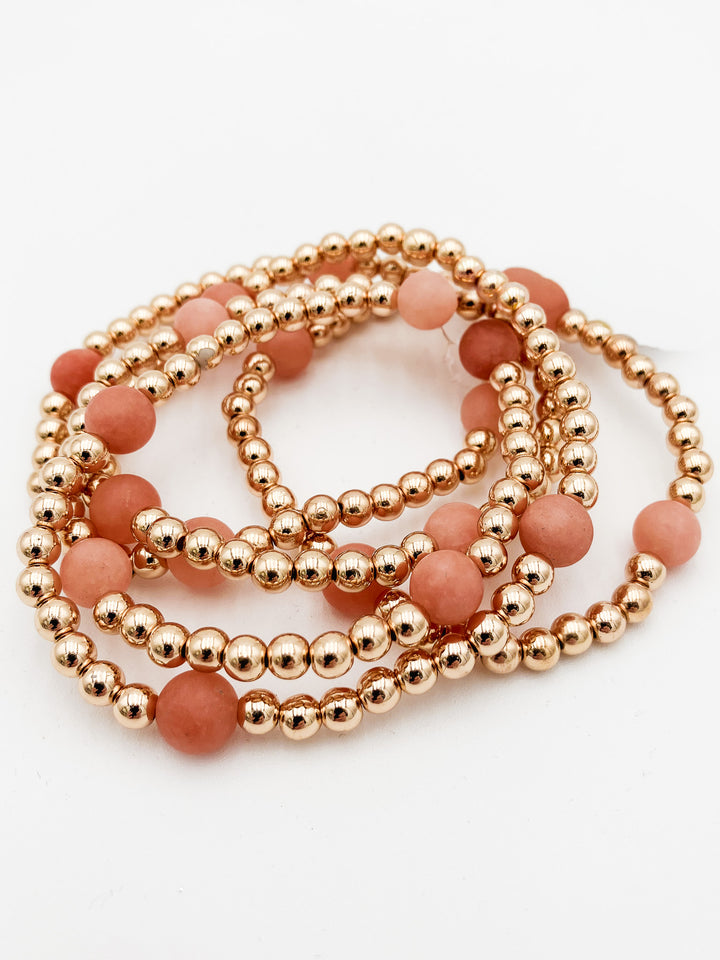 S/5 ROUND STONE STRETCH BRACELETS - GOLD/PINK