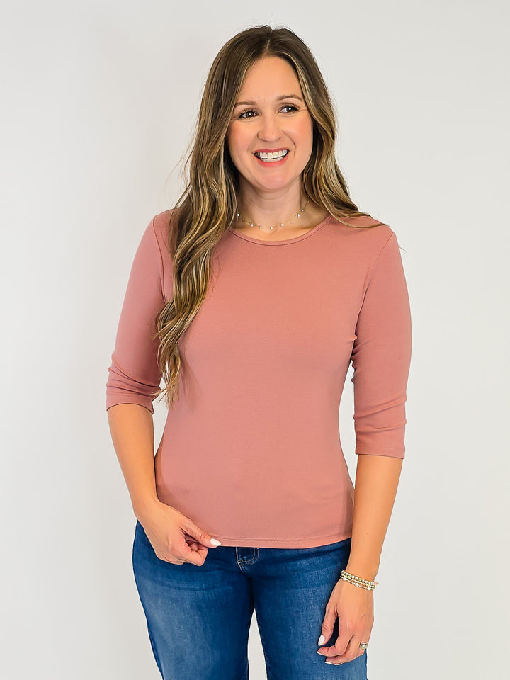 ELBOW SLEEVE SOLID KNIT TOP - ROSE