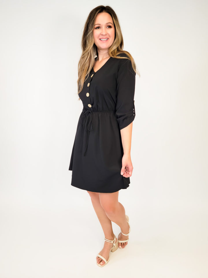 SOLID WOVEN BUTTON DRESS - BLACK